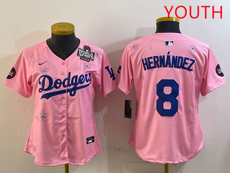 Youth Los Angeles Dodgers 8 Hernandez Pink Sakura Edition 2025 Nike MLB Jersey style 7